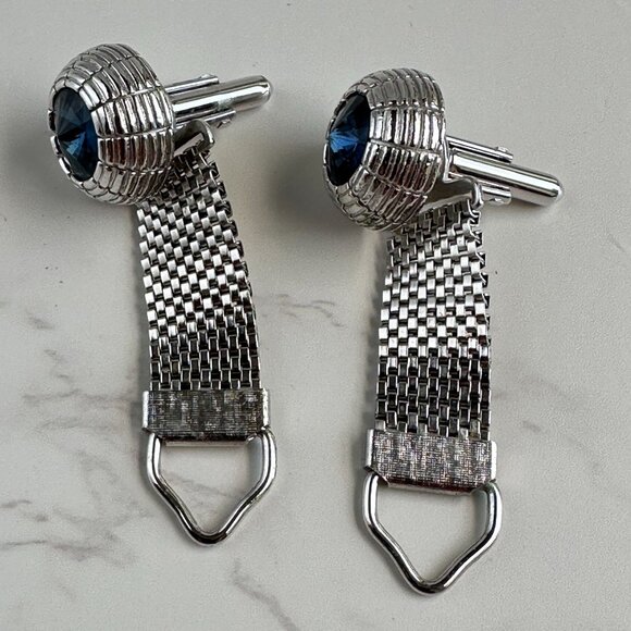 Silver Mesh Blue Cufflinks - Picture 8 of 9